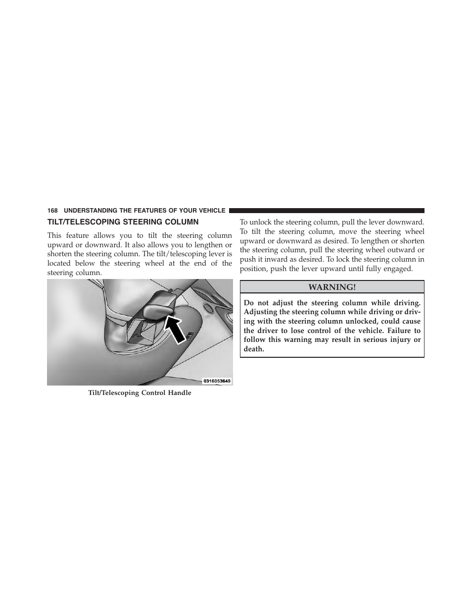 Tilt/telescoping steering column | Dodge 2015 Charger - Owner Manual User Manual | Page 170 / 638