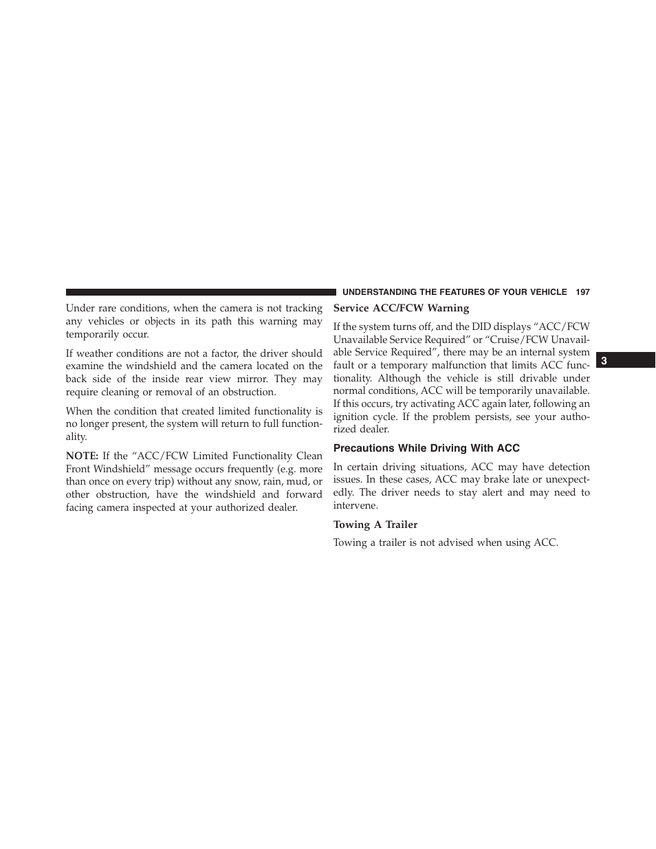 Service acc/fcw warning, Precautions while driving with acc, Towing a trailer | Dodge 2015 Charger - Owner Manual User Manual | Page 199 / 638