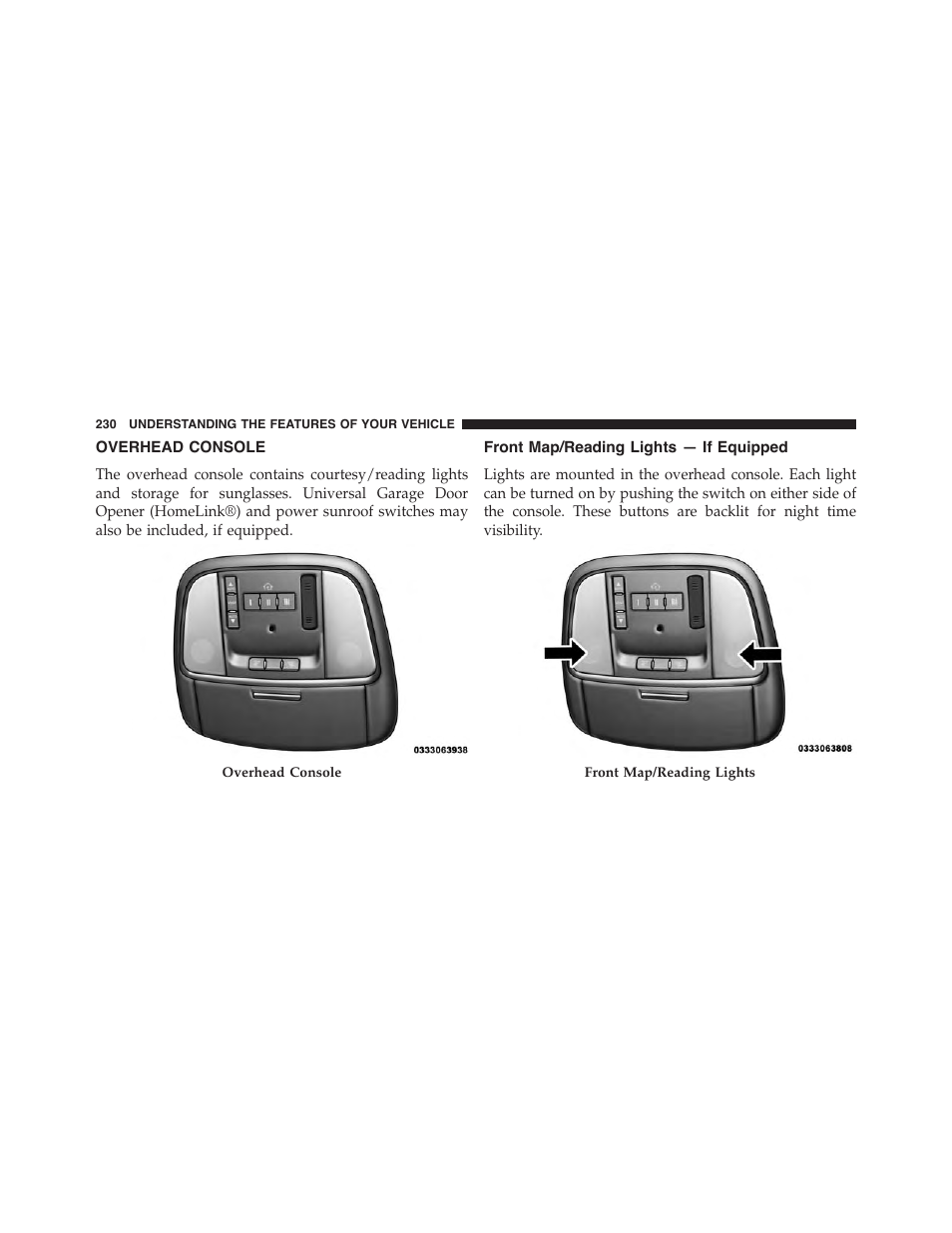 Overhead console, Front map/reading lights — if equipped | Dodge 2015 Charger - Owner Manual User Manual | Page 232 / 638