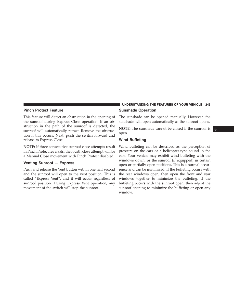 Pinch protect feature, Venting sunroof — express, Sunshade operation | Wind buffeting | Dodge 2015 Charger - Owner Manual User Manual | Page 245 / 638