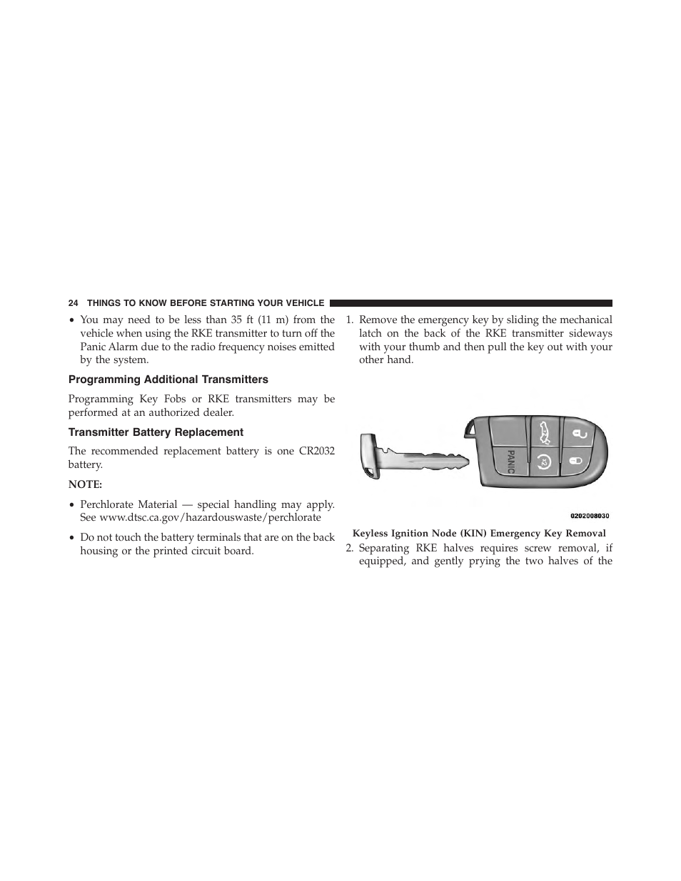 Programming additional transmitters, Transmitter battery replacement | Dodge 2015 Charger - Owner Manual User Manual | Page 26 / 638