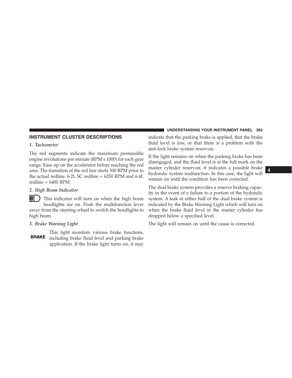 Instrument cluster descriptions | Dodge 2015 Charger - Owner Manual User Manual | Page 265 / 638