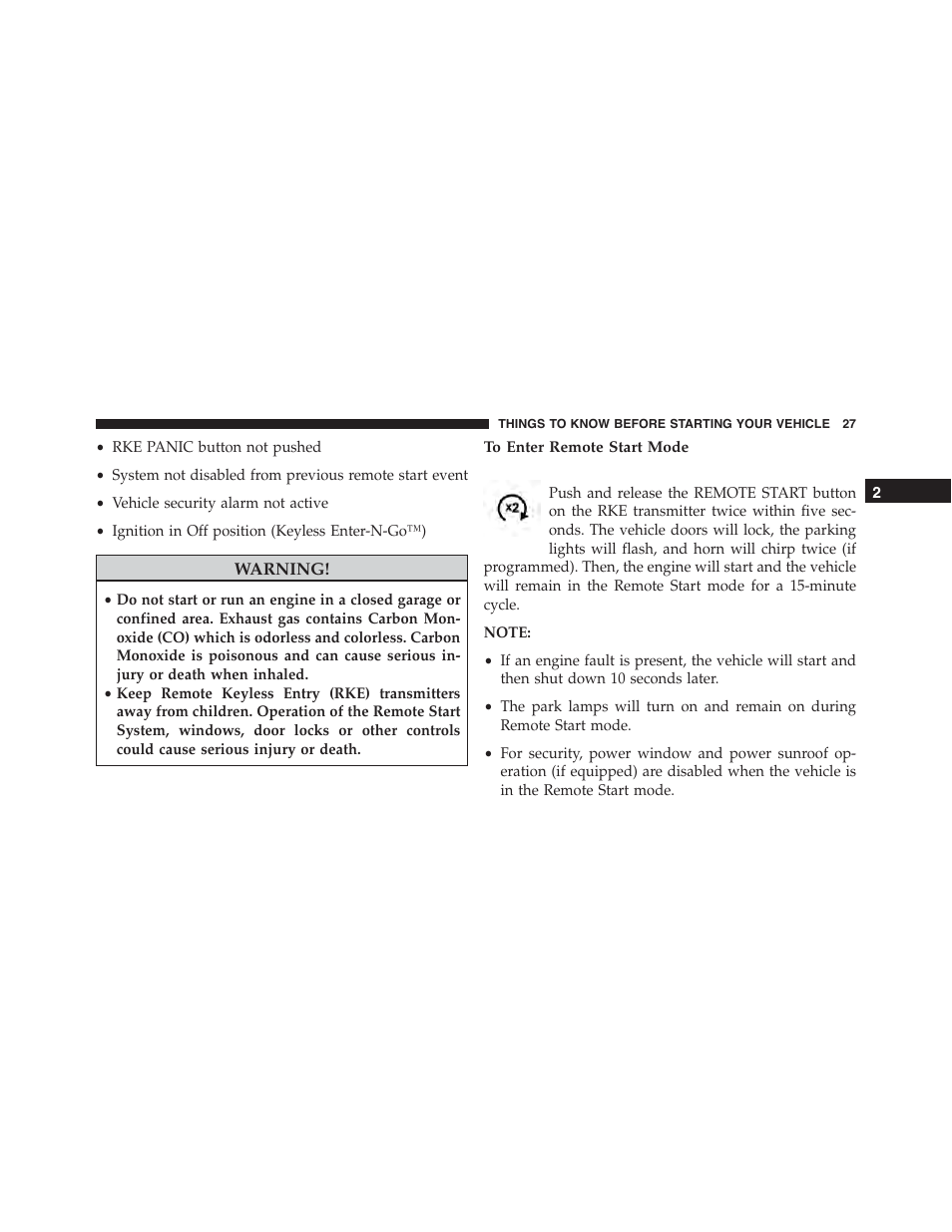 To enter remote start mode | Dodge 2015 Charger - Owner Manual User Manual | Page 29 / 638