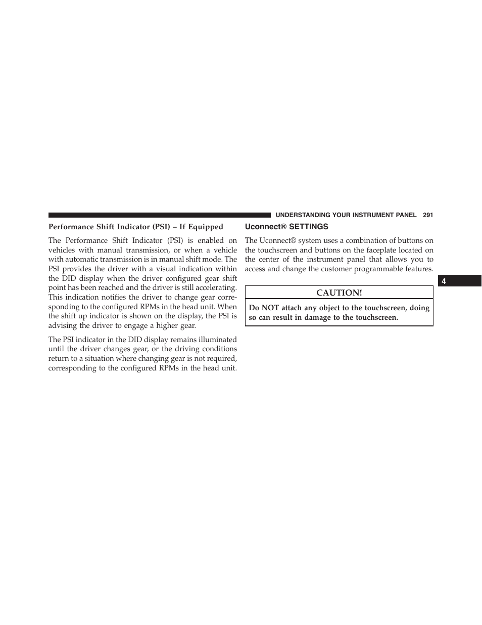 Performance shift indicator (psi) – if equipped, Uconnect® settings | Dodge 2015 Charger - Owner Manual User Manual | Page 293 / 638