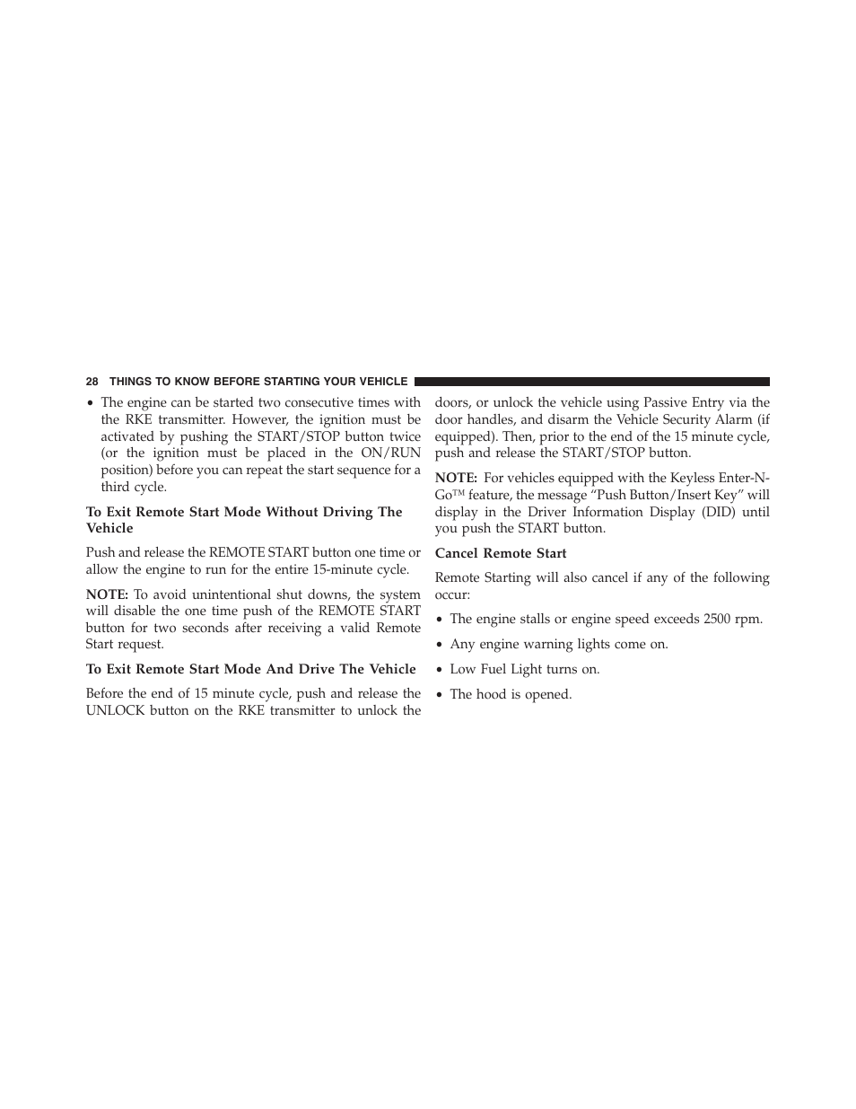 To exit remote start mode and drive the vehicle, Cancel remote start | Dodge 2015 Charger - Owner Manual User Manual | Page 30 / 638