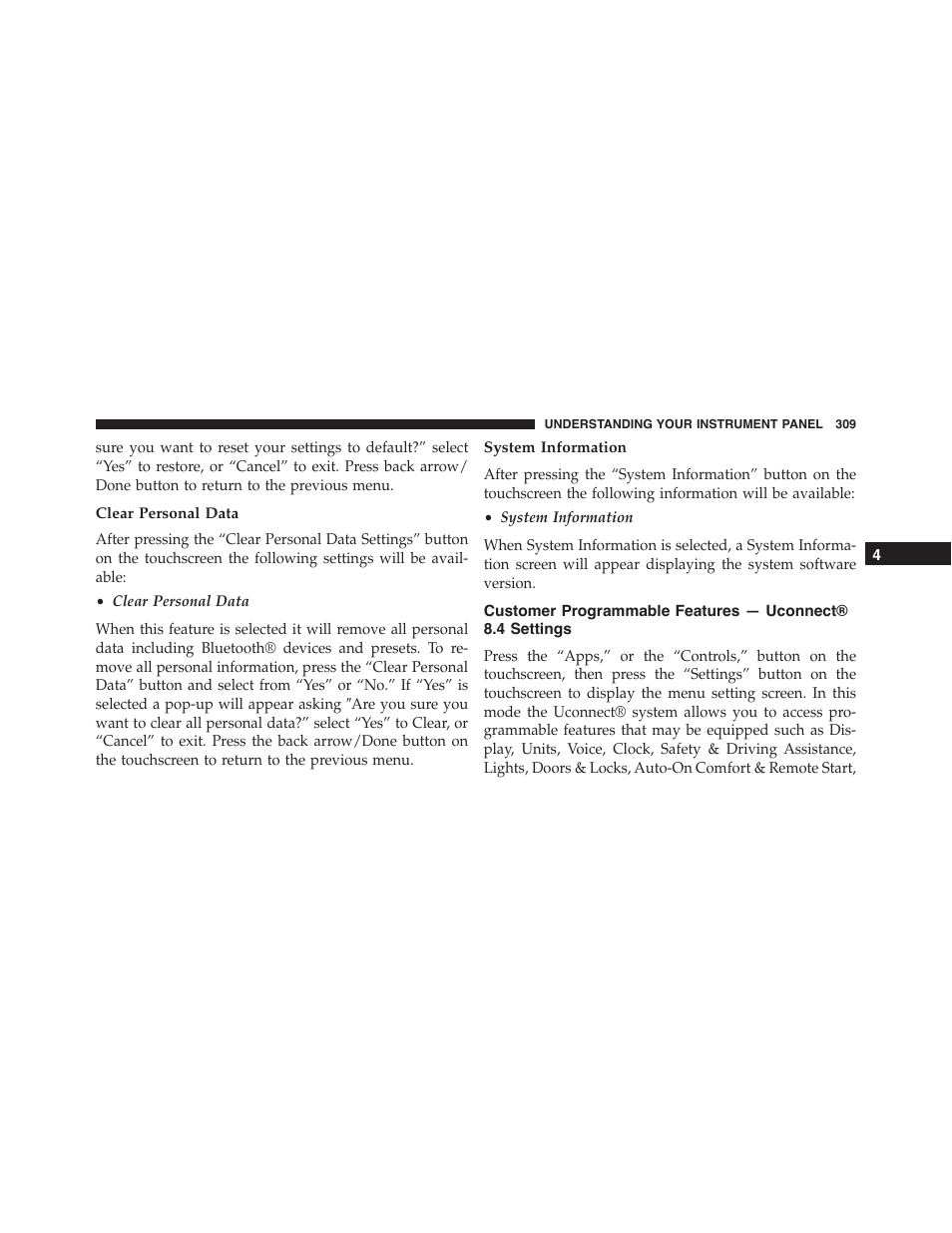 Clear personal data, System information, Customer programmable features | Uconnect® 8.4 settings | Dodge 2015 Charger - Owner Manual User Manual | Page 311 / 638