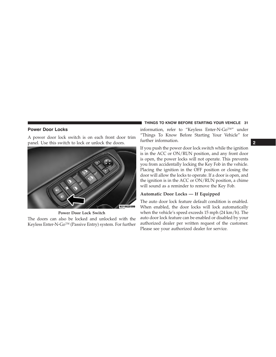 Power door locks, Automatic door locks — if equipped | Dodge 2015 Charger - Owner Manual User Manual | Page 33 / 638