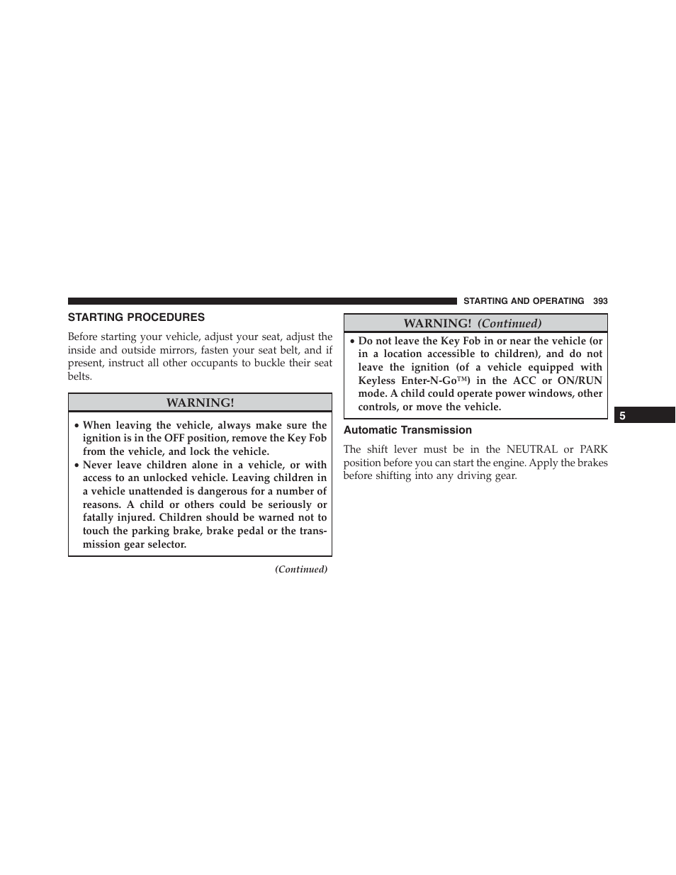Starting procedures, Automatic transmission | Dodge 2015 Charger - Owner Manual User Manual | Page 395 / 638