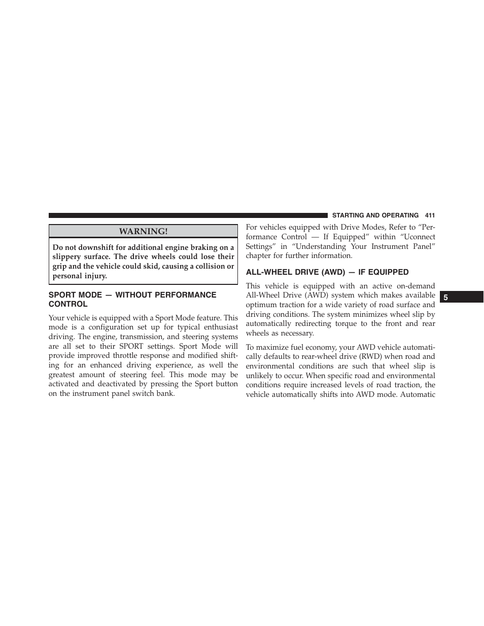 Sport mode — without performance control, All-wheel drive (awd) — if equipped, Sport mode — without performance | Control | Dodge 2015 Charger - Owner Manual User Manual | Page 413 / 638