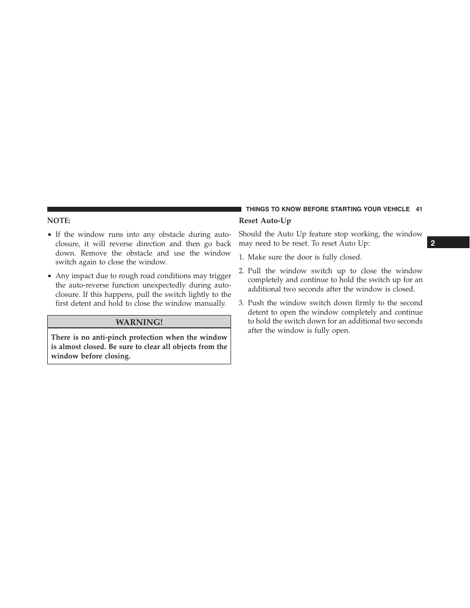 Reset auto-up | Dodge 2015 Charger - Owner Manual User Manual | Page 43 / 638