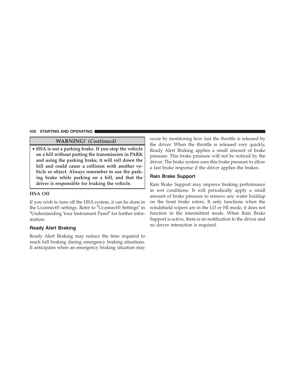 Hsa off, Ready alert braking, Rain brake support | Dodge 2015 Charger - Owner Manual User Manual | Page 432 / 638