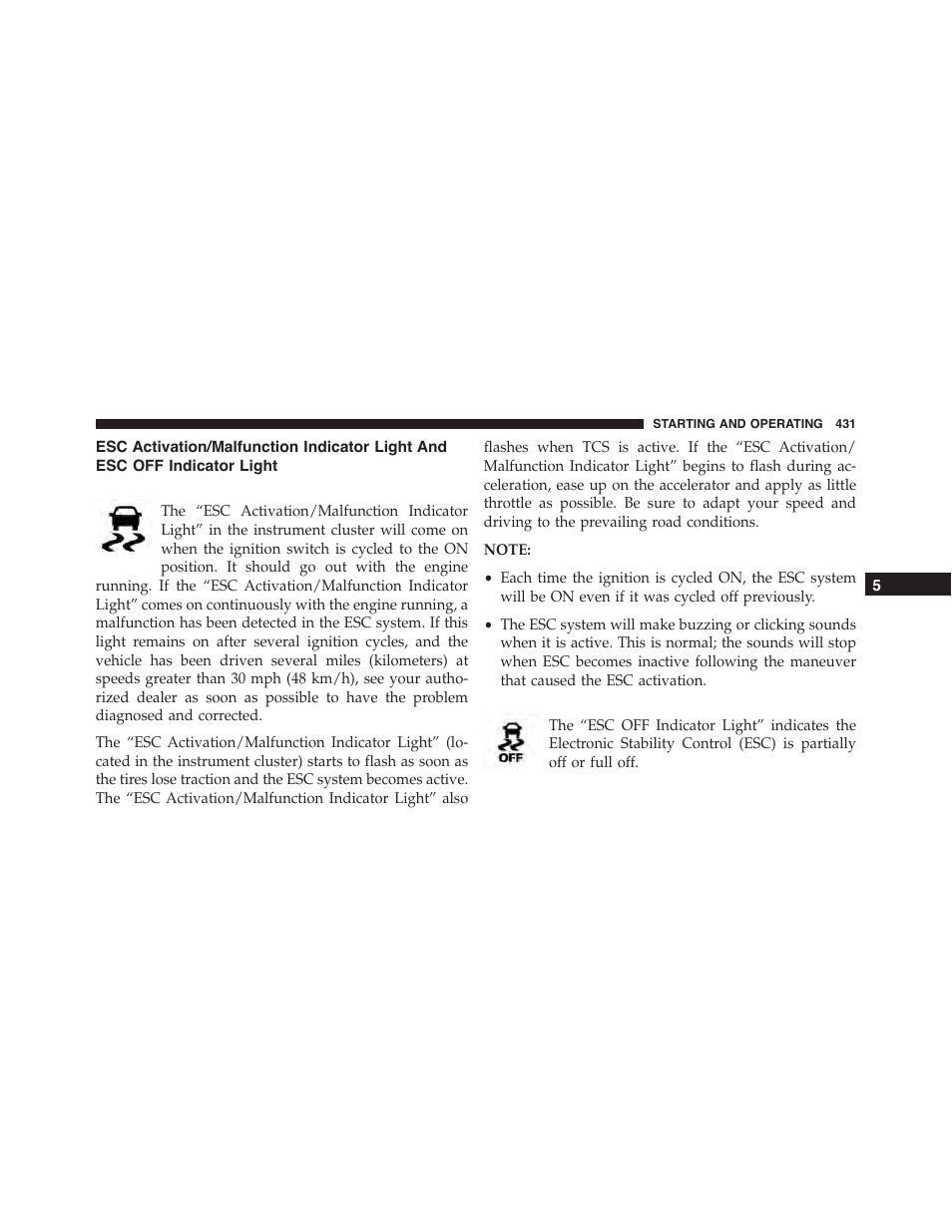 Esc activation/malfunction indicator light and, Esc off indicator light | Dodge 2015 Charger - Owner Manual User Manual | Page 433 / 638