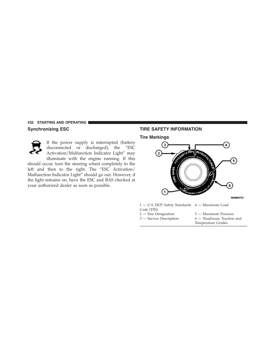 Synchronizing esc, Tire safety information, Tire markings | Dodge 2015 Charger - Owner Manual User Manual | Page 434 / 638