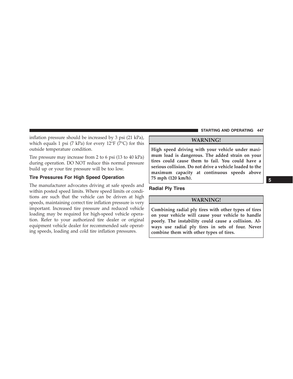 Tire pressures for high speed operation, Radial ply tires | Dodge 2015 Charger - Owner Manual User Manual | Page 449 / 638