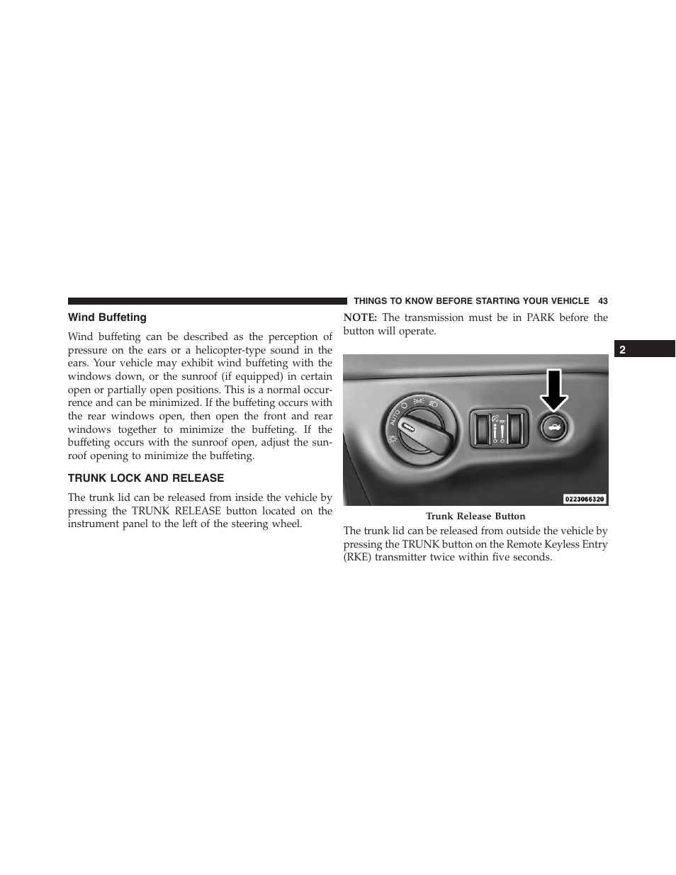 Wind buffeting, Trunk lock and release | Dodge 2015 Charger - Owner Manual User Manual | Page 45 / 638