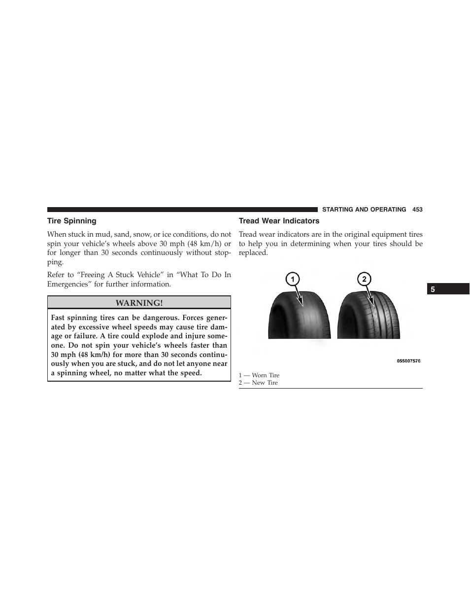 Tire spinning, Tread wear indicators | Dodge 2015 Charger - Owner Manual User Manual | Page 455 / 638