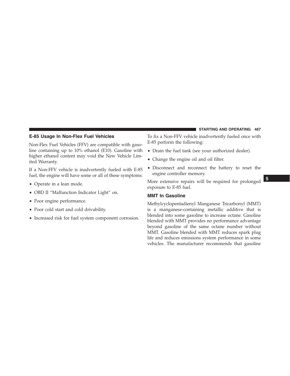 E-85 usage in non-flex fuel vehicles, Mmt in gasoline | Dodge 2015 Charger - Owner Manual User Manual | Page 469 / 638