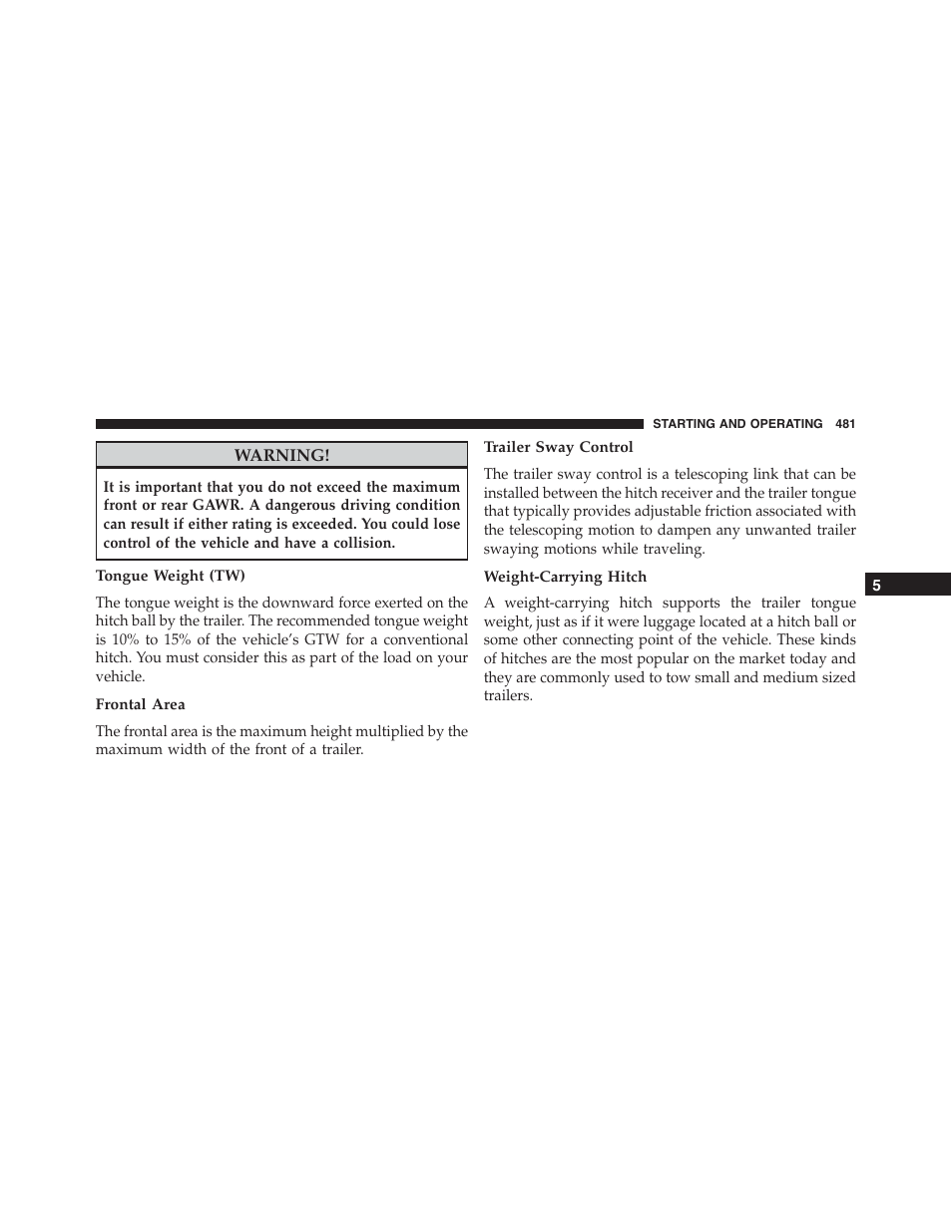 Tongue weight (tw), Frontal area, Trailer sway control | Weight-carrying hitch | Dodge 2015 Charger - Owner Manual User Manual | Page 483 / 638