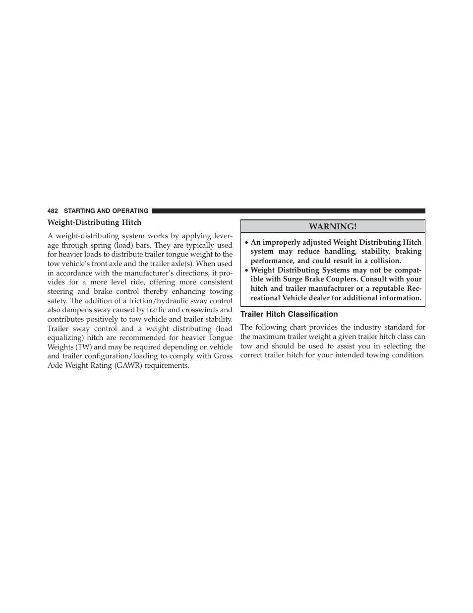 Weight-distributing hitch, Trailer hitch classification | Dodge 2015 Charger - Owner Manual User Manual | Page 484 / 638