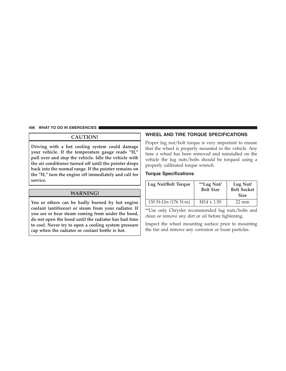 Wheel and tire torque specifications, Torque specifications, Wheel and tire torque | Specifications | Dodge 2015 Charger - Owner Manual User Manual | Page 498 / 638