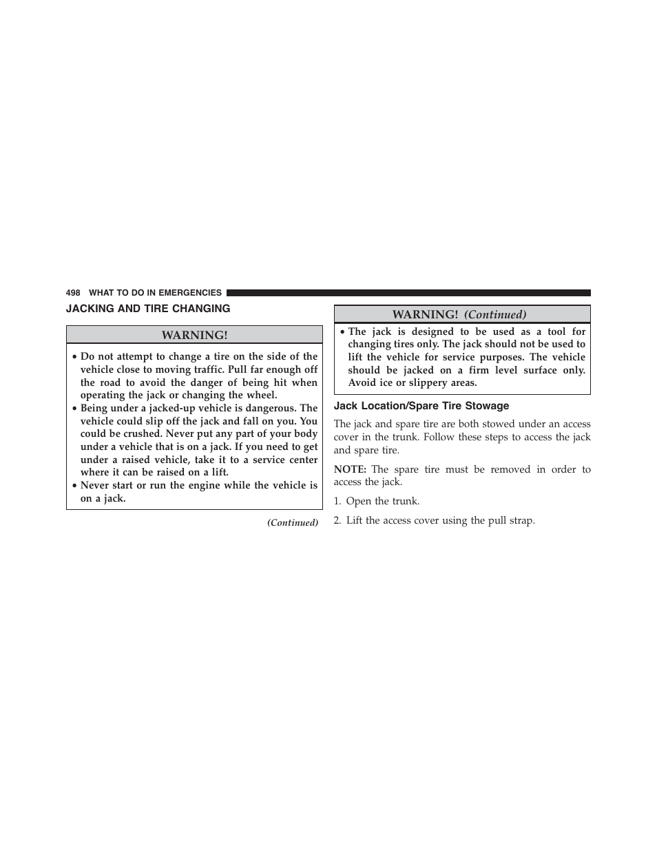 Jacking and tire changing, Jack location/spare tire stowage | Dodge 2015 Charger - Owner Manual User Manual | Page 500 / 638