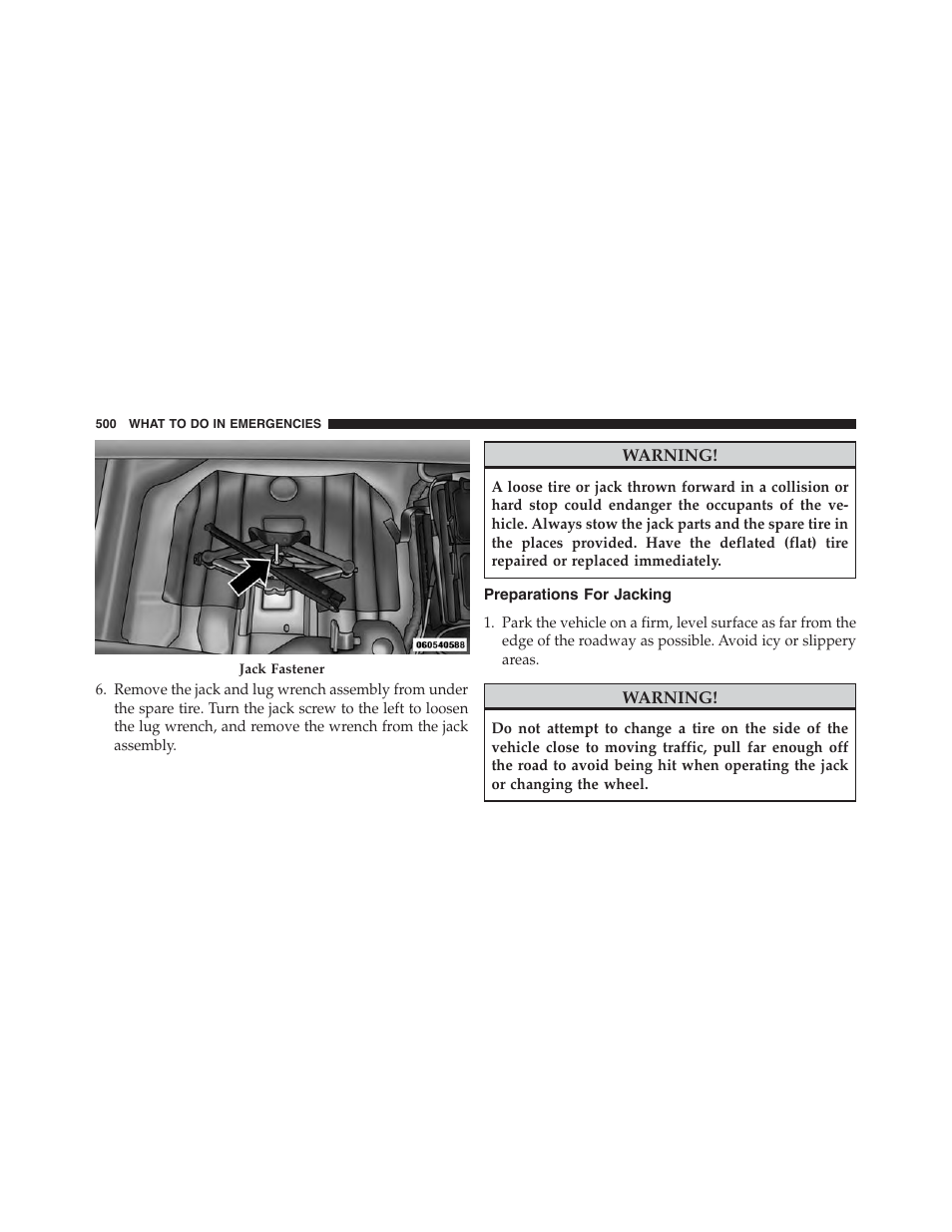 Preparations for jacking | Dodge 2015 Charger - Owner Manual User Manual | Page 502 / 638