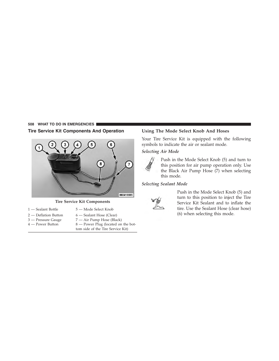 Tire service kit components and operation, Using the mode select knob and hoses | Dodge 2015 Charger - Owner Manual User Manual | Page 510 / 638