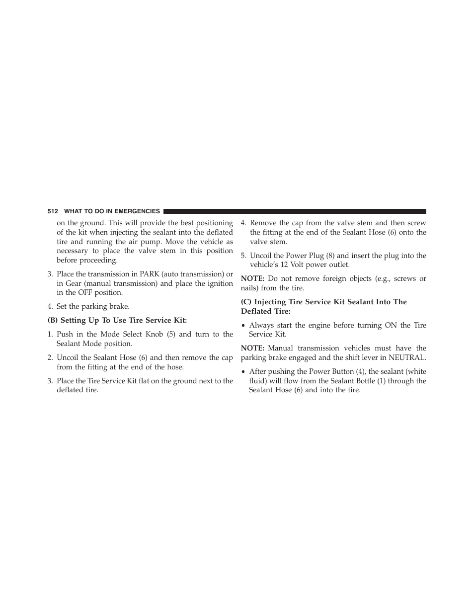 B) setting up to use tire service kit | Dodge 2015 Charger - Owner Manual User Manual | Page 514 / 638