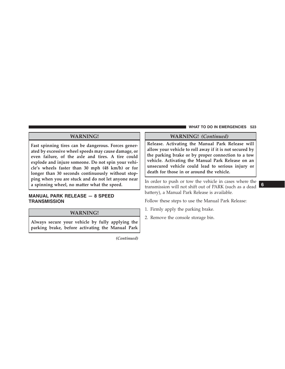 Manual park release — 8 speed transmission, Manual park release — 8 speed, Transmission | Dodge 2015 Charger - Owner Manual User Manual | Page 525 / 638