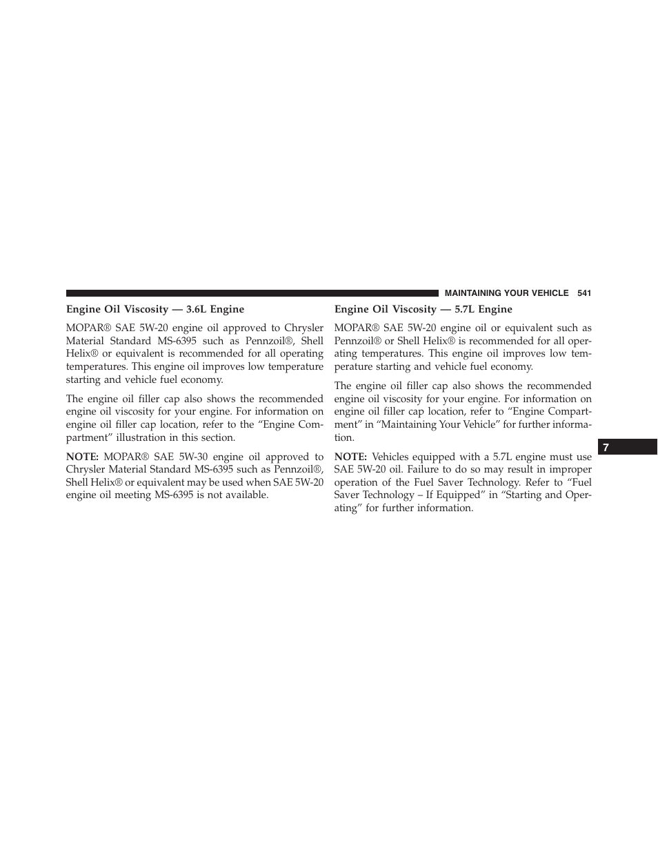 Engine oil viscosity — 3.6l engine, Engine oil viscosity — 5.7l engine | Dodge 2015 Charger - Owner Manual User Manual | Page 543 / 638