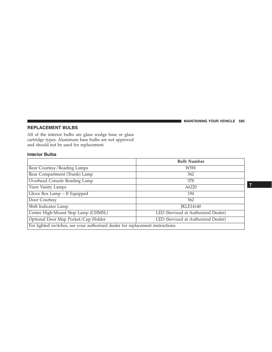 Replacement bulbs | Dodge 2015 Charger - Owner Manual User Manual | Page 587 / 638