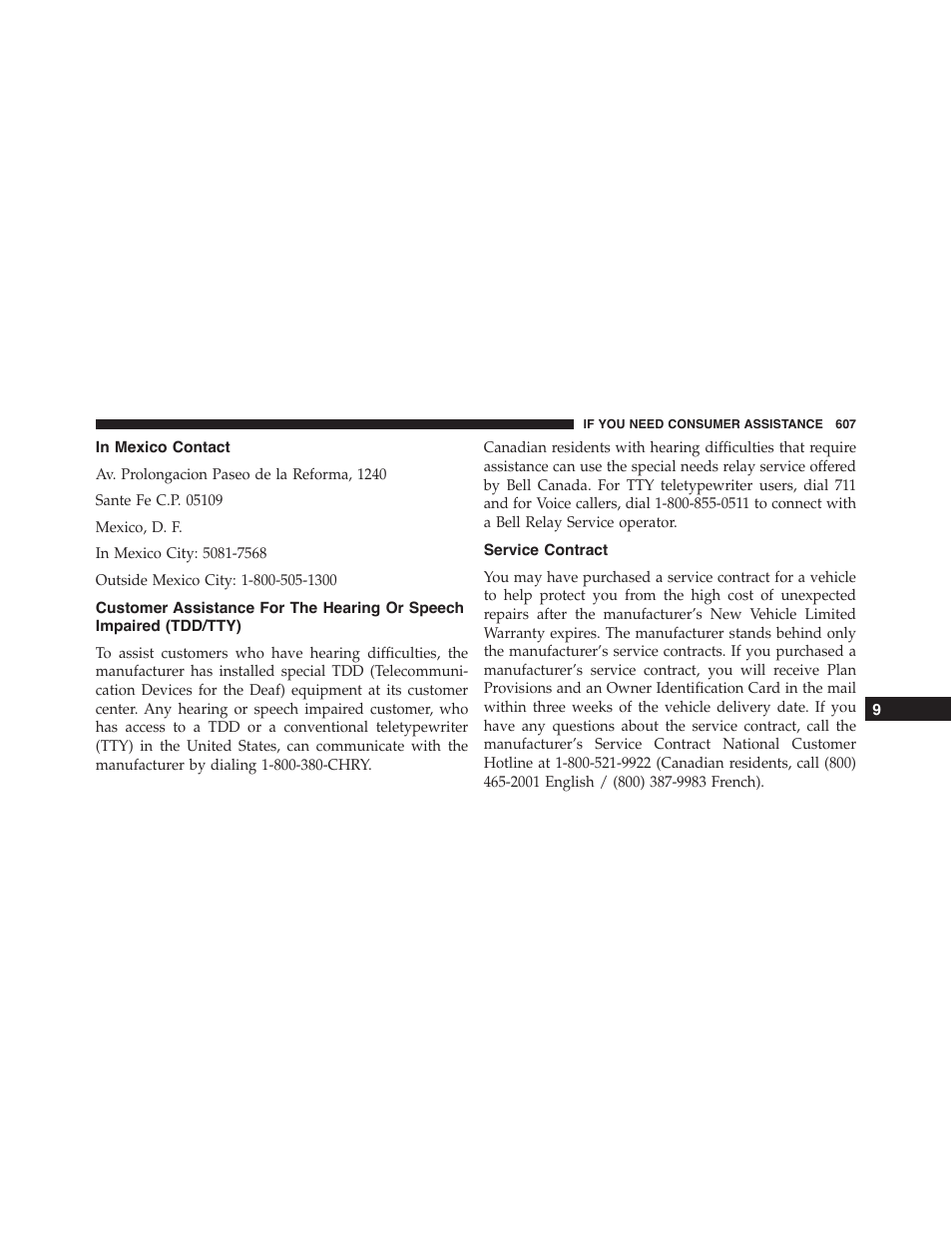 In mexico contact, Service contract, Customer assistance for the hearing or speech | Impaired (tdd/tty) | Dodge 2015 Charger - Owner Manual User Manual | Page 609 / 638