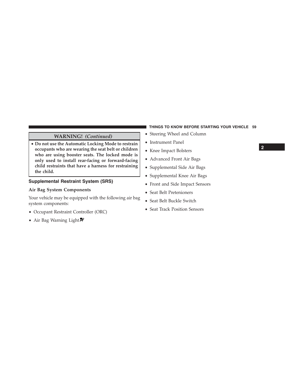 Supplemental restraint system (srs), Air bag system components | Dodge 2015 Charger - Owner Manual User Manual | Page 61 / 638