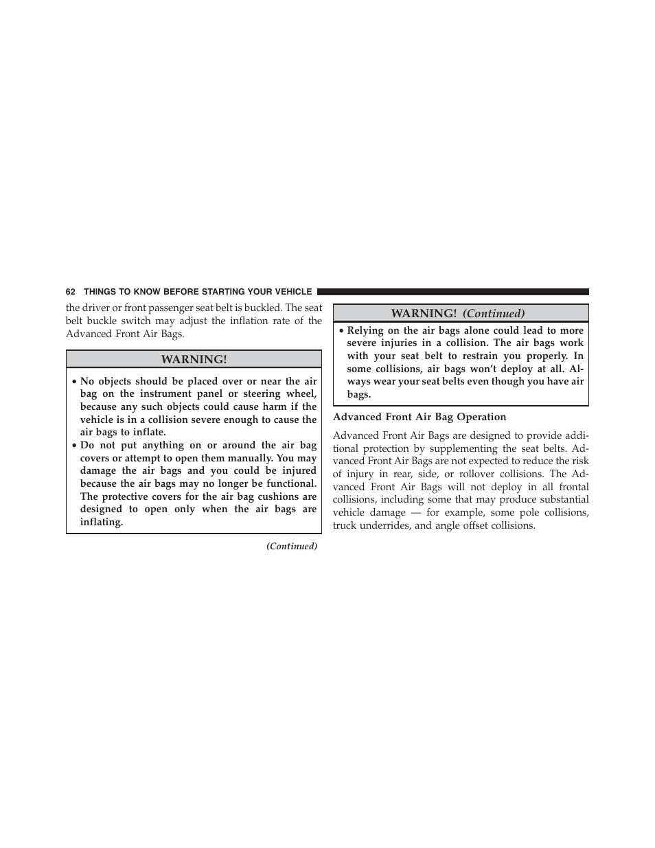 Advanced front air bag operation | Dodge 2015 Charger - Owner Manual User Manual | Page 64 / 638