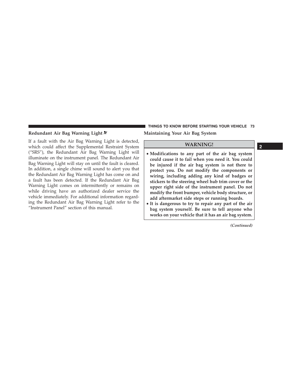 Redundant air bag warning light, Maintaining your air bag system | Dodge 2015 Charger - Owner Manual User Manual | Page 75 / 638
