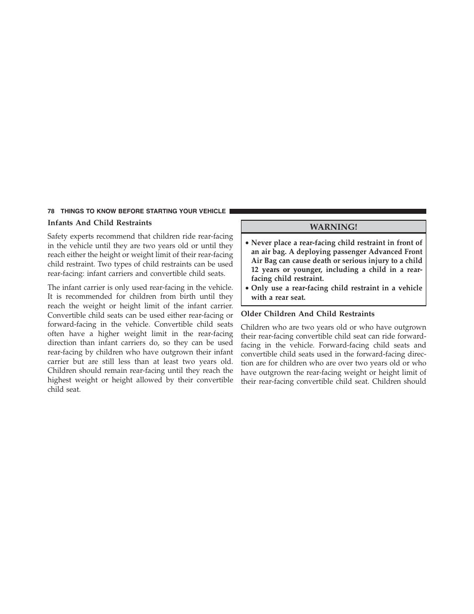 Infants and child restraints, Older children and child restraints | Dodge 2015 Charger - Owner Manual User Manual | Page 80 / 638