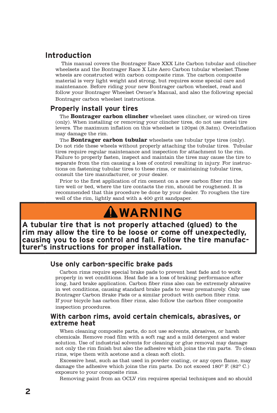 Warning, 2introduction, Properly install your tires | Use only carbon-specific brake pads | Bontrager Wheelset User Manual | Page 2 / 4