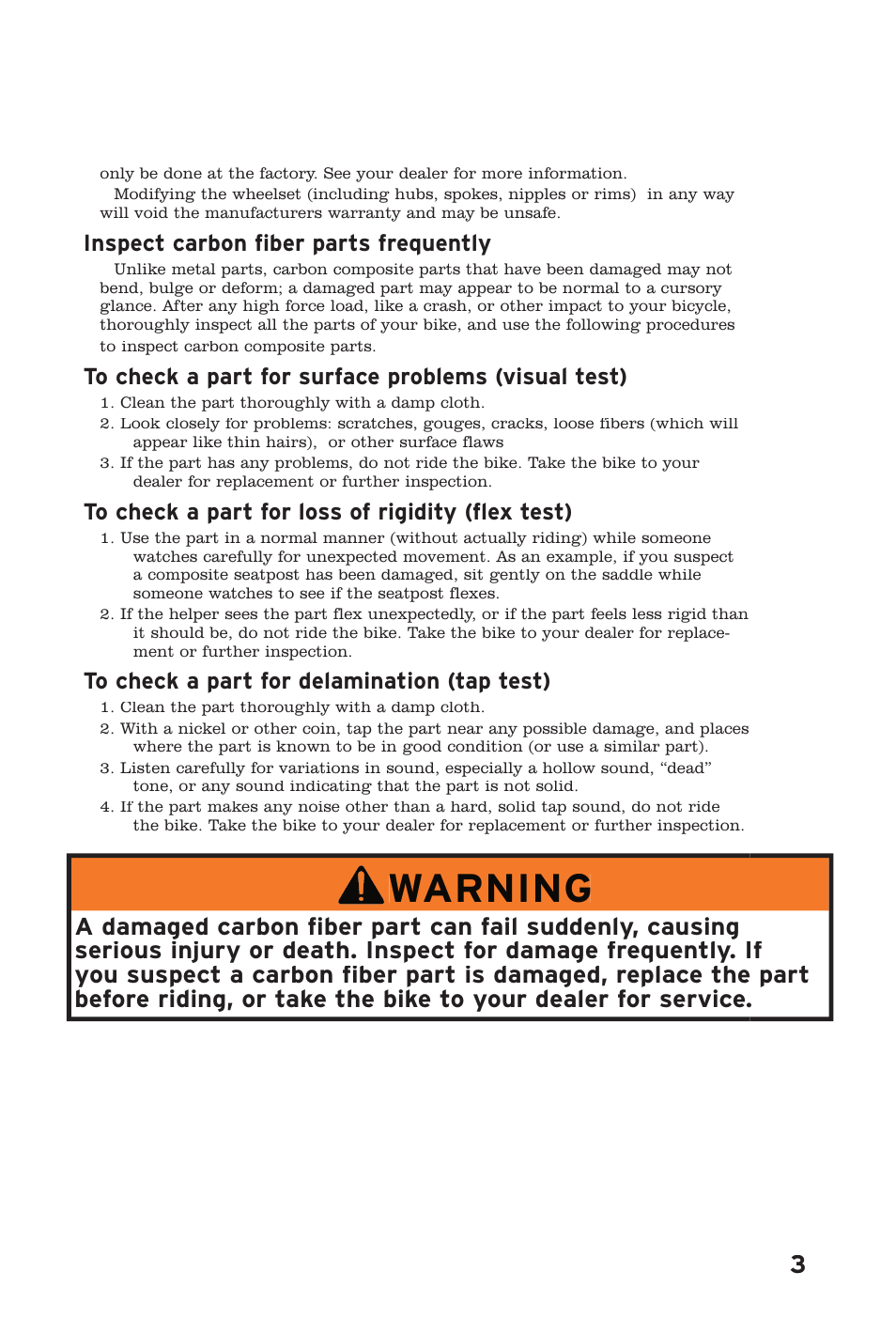 Warning, Inspect carbon fiber parts frequently | Bontrager Wheelset User Manual | Page 3 / 4