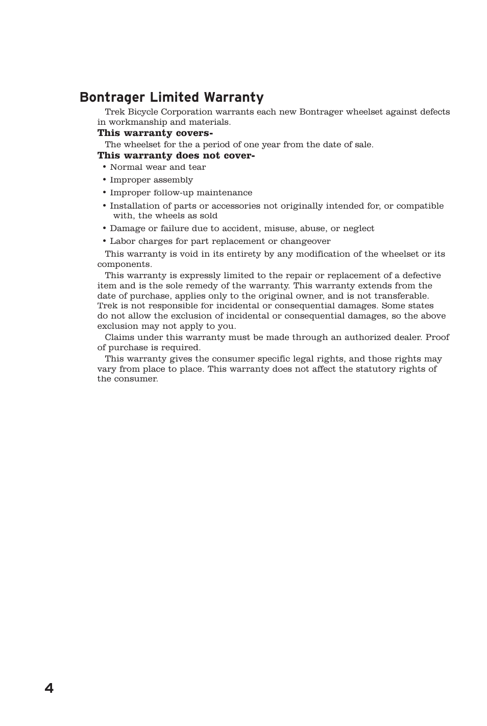4bontrager limited warranty | Bontrager Wheelset User Manual | Page 4 / 4