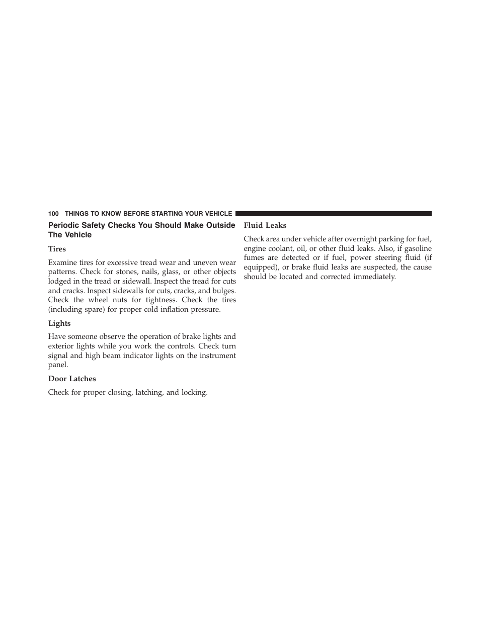 Tires, Lights, Door latches | Fluid leaks, Periodic safety checks you should make outside, The vehicle | Dodge 2015 Charger-SRT - Owner Manual User Manual | Page 102 / 595