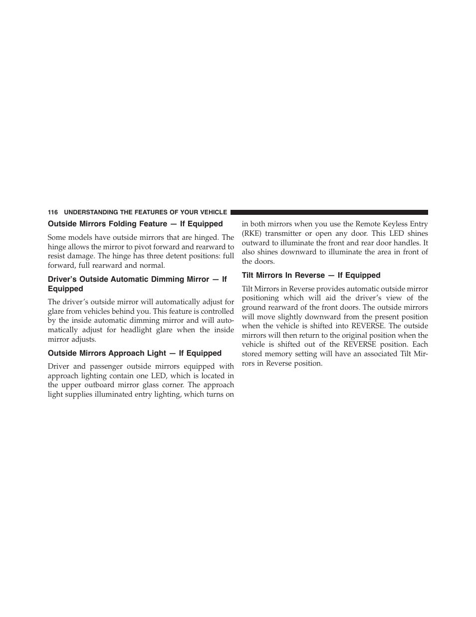 Outside mirrors folding feature — if equipped, Outside mirrors approach light — if equipped, Tilt mirrors in reverse — if equipped | Outside mirrors folding feature, If equipped, Driver’s outside automatic dimming mirror, Outside mirrors approach light — if, Equipped | Dodge 2015 Charger-SRT - Owner Manual User Manual | Page 118 / 595