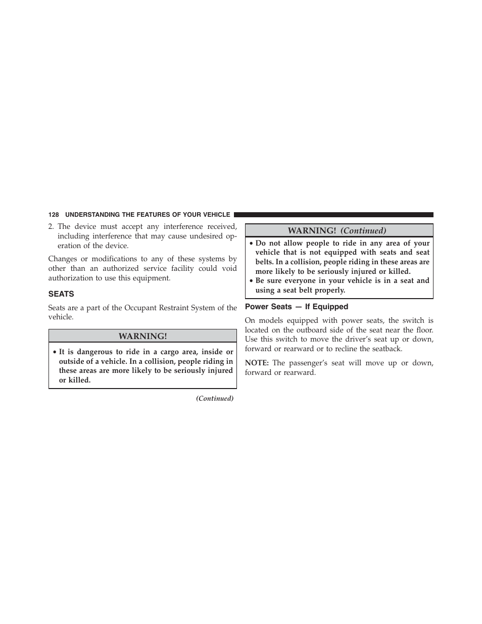 Seats, Power seats — if equipped | Dodge 2015 Charger-SRT - Owner Manual User Manual | Page 130 / 595
