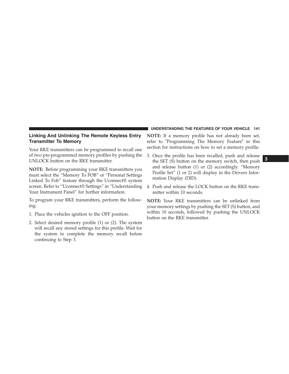 Linking and unlinking the remote keyless, Entry transmitter to memory | Dodge 2015 Charger-SRT - Owner Manual User Manual | Page 143 / 595