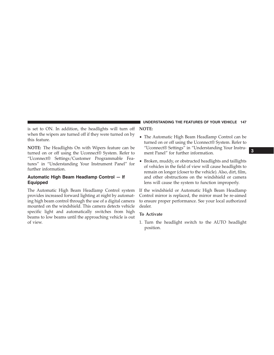 Automatic high beam headlamp control — if equipped, To activate, Automatic high beam headlamp control | If equipped | Dodge 2015 Charger-SRT - Owner Manual User Manual | Page 149 / 595