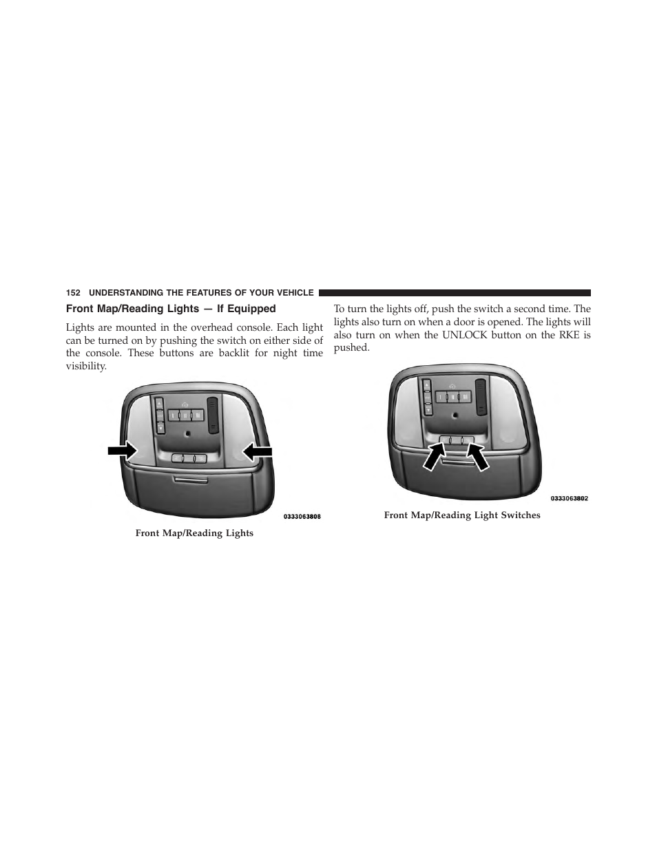 Front map/reading lights — if equipped | Dodge 2015 Charger-SRT - Owner Manual User Manual | Page 154 / 595