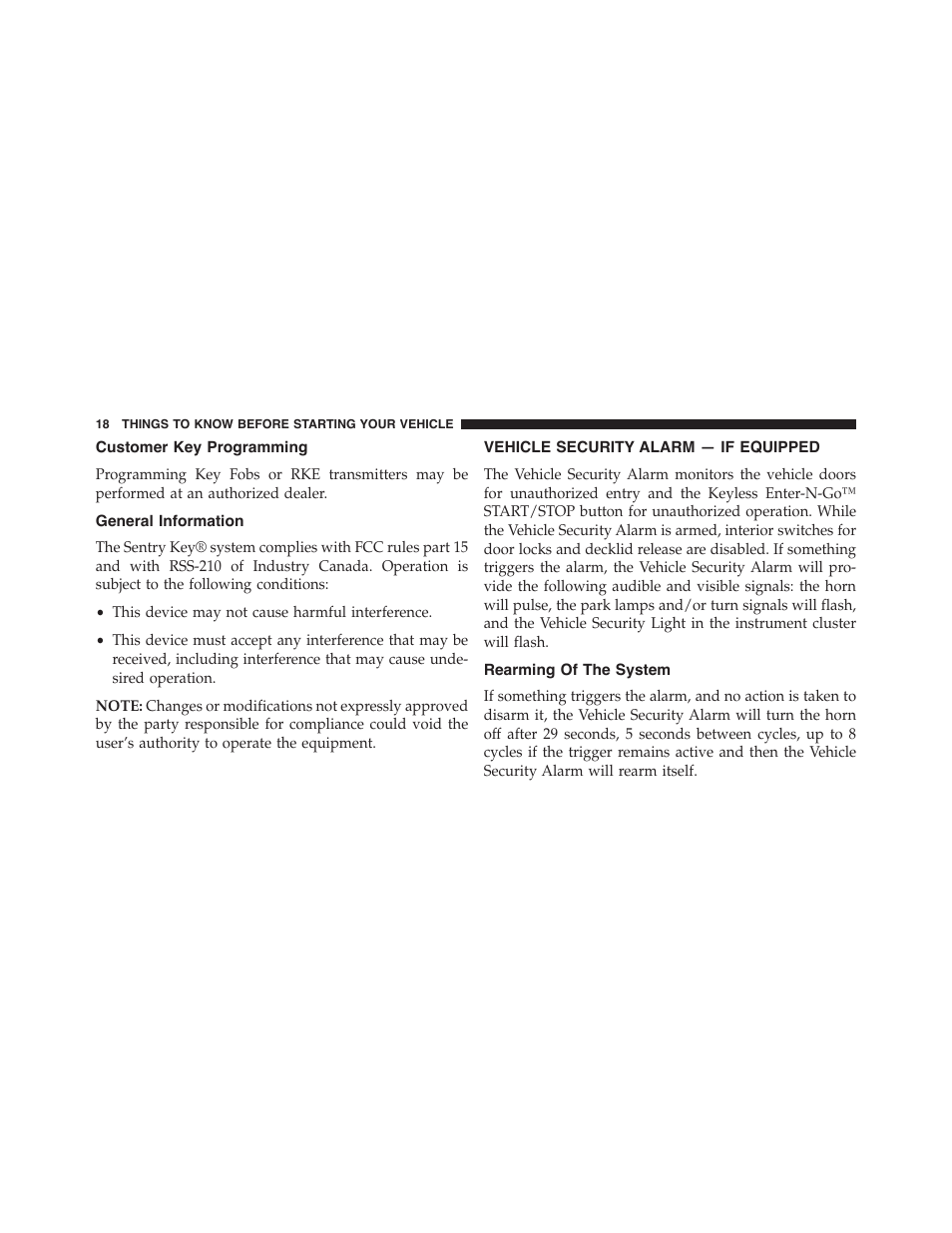 Customer key programming, General information, Vehicle security alarm — if equipped | Rearming of the system, Vehicle security alarm, If equipped | Dodge 2015 Charger-SRT - Owner Manual User Manual | Page 20 / 595