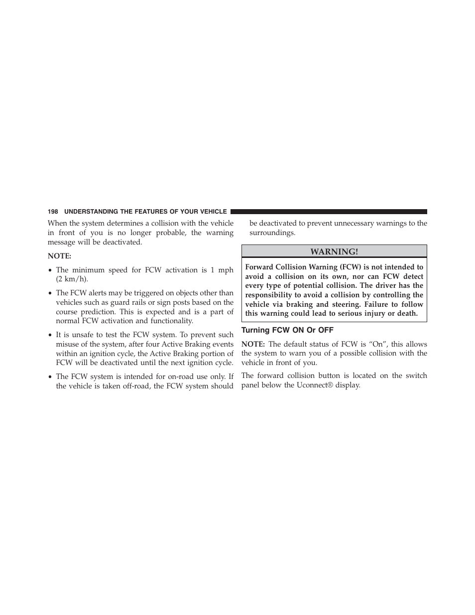 Turning fcw on or off | Dodge 2015 Charger-SRT - Owner Manual User Manual | Page 200 / 595