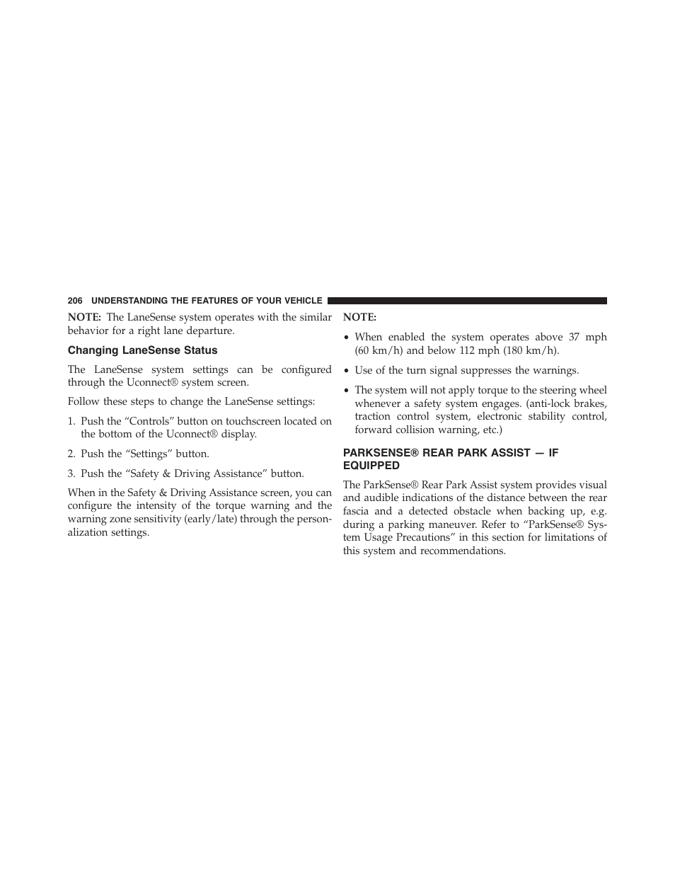 Changing lanesense status, Parksense® rear park assist — if equipped, Parksense® rear park assist — if | Equipped | Dodge 2015 Charger-SRT - Owner Manual User Manual | Page 208 / 595