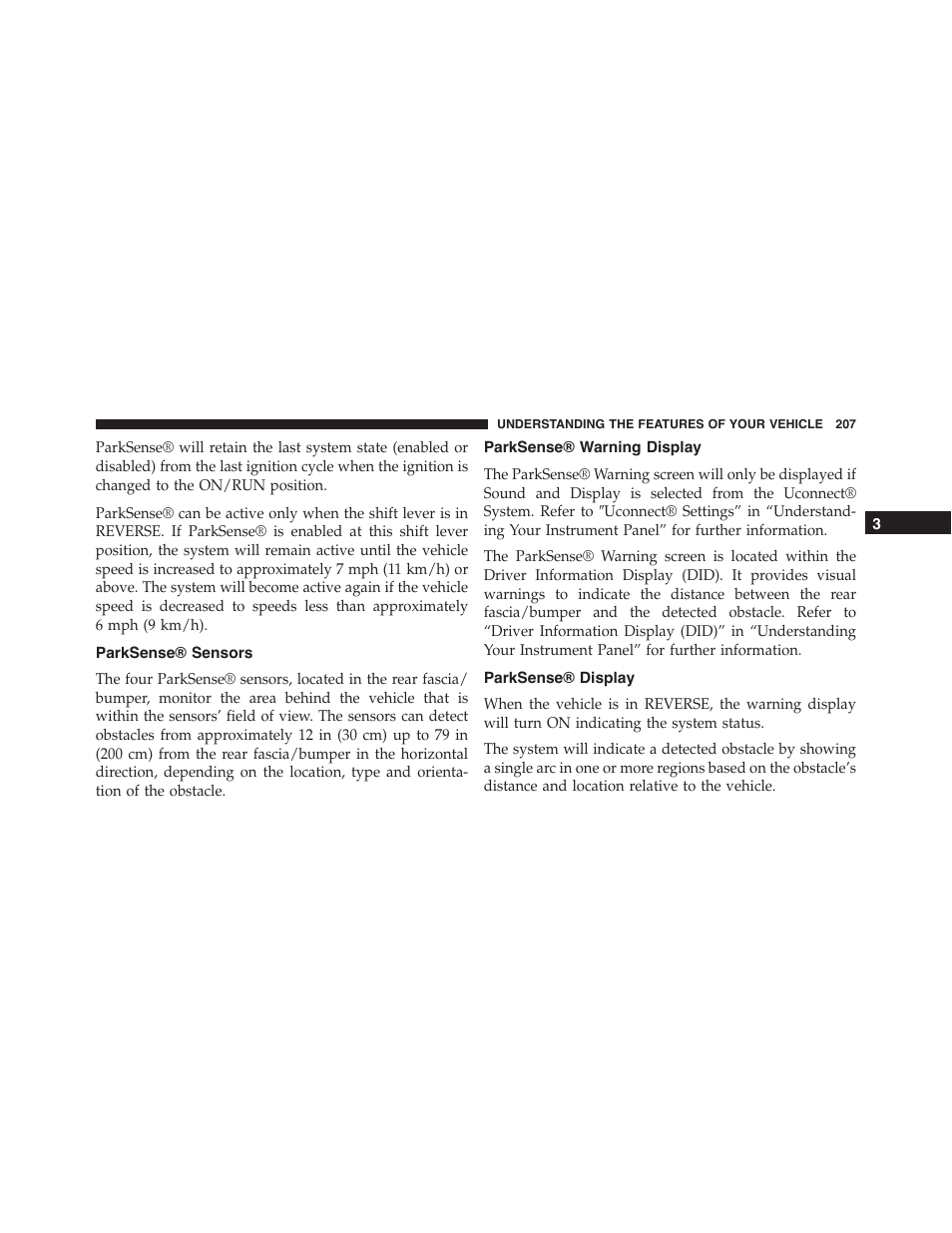 Parksense® sensors, Parksense® warning display, Parksense® display | Dodge 2015 Charger-SRT - Owner Manual User Manual | Page 209 / 595