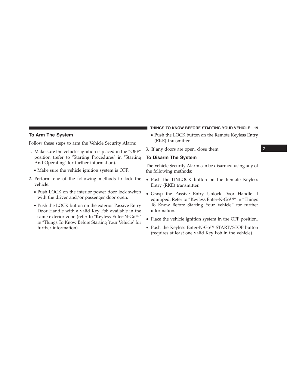 To arm the system, To disarm the system | Dodge 2015 Charger-SRT - Owner Manual User Manual | Page 21 / 595